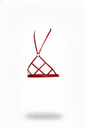 Red Caged Faux Leather Harness Bra O-Ring Detail