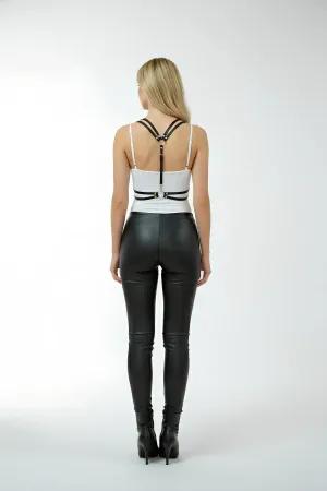 Minimalist Black Faux Leather Chest Harness Women Adjustable Straps O-Ring Back Detail