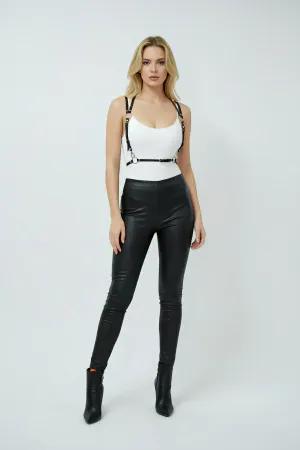 Minimalist Black Faux Leather Chest Harness Women Adjustable Straps O-Ring Back Detail