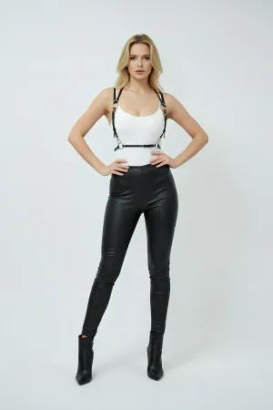 Minimalist Black Faux Leather Chest Harness Women Adjustable Straps O-Ring Back Detail