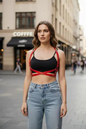 Red Vegan Leather Criss-Cross Underbust Harness Women Adjustable Straps