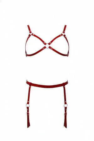 Red Vegan Leather Harness Bra and Garter Set with O-Ring