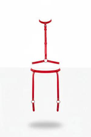 Red Faux Leather Body Harness with O-Rings and Adjustable Garter Straps