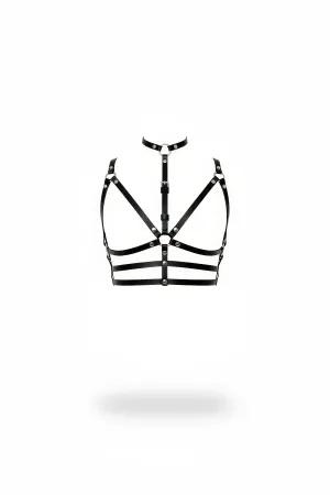 Black Faux Leather Caged Chest Harness Choker O-Ring Hardware