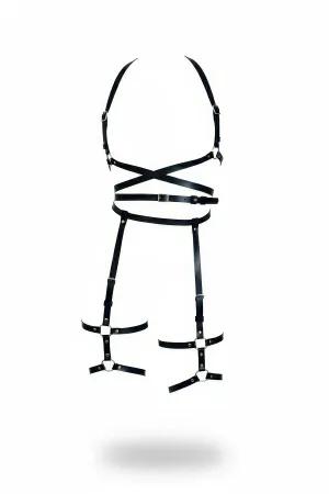Siyah Faux Leather Full Body Harness Kadın Jartiyer Takımı Geniş Tasmalar