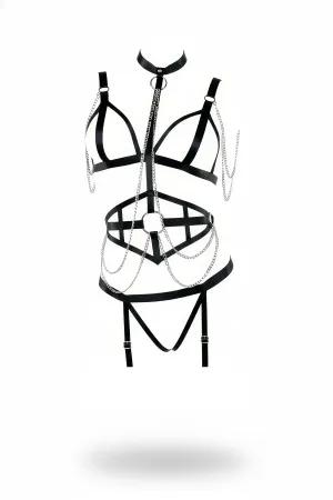 Black Faux Leather Full Body Harness with Choker and Draping Silver Chains