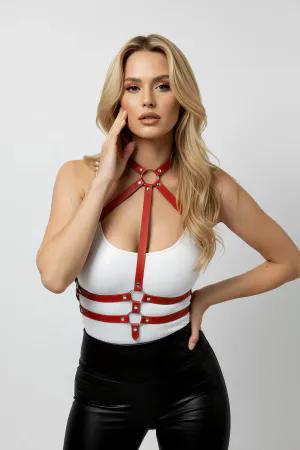 Red Vegan Leather Chest Harness with O-Ring Hardware
