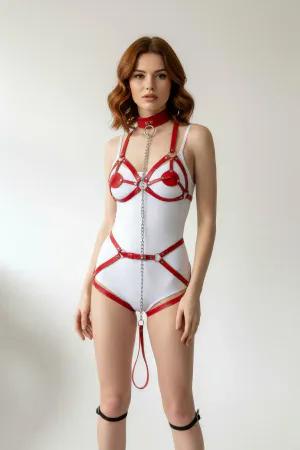 Red Faux Leather Full Body Harness Women Adjustable Straps Silver Chain Detail