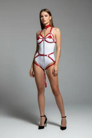 Red Faux Leather Full Body Harness Women Adjustable Straps Silver Chain Detail