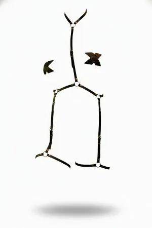 Black Faux Leather Full Body Harness with Silver O-Rings and Adjustable Leg Garters