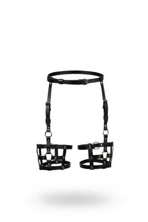 Black Faux Leather Garter Harness with Adjustable Leg Cage Detail and Silver O-Rings