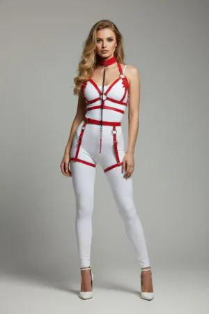 Red Faux Leather Full Body Harness with Choker and Chain Detail