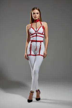 Red Faux Leather Full Body Harness with Choker and Chain Detail