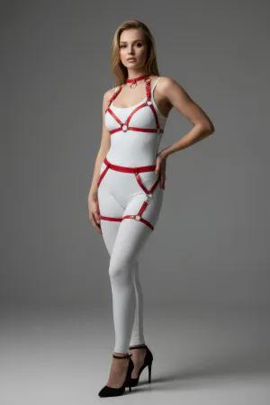 Red Faux Leather Full Body Harness with O-Rings and Choker