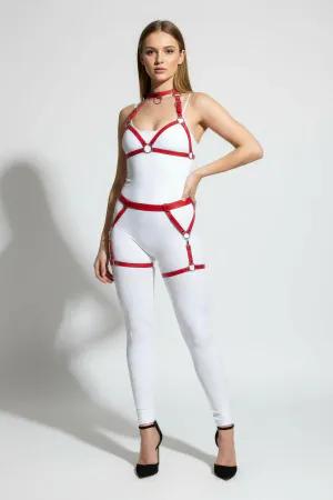 Red Faux Leather Full Body Harness with O-Rings and Choker