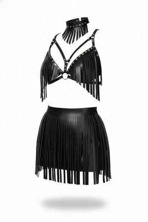 Siyah Püsküllü Suni Deri Bralet Etek ve Yaka Seti, metal detaylı