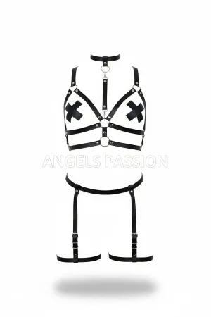 Black Faux Leather Full Body Harness with Cross Bust and Detachable Garter Straps
