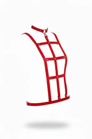 Red Faux Leather Cage Body Harness with Choker and Rivets