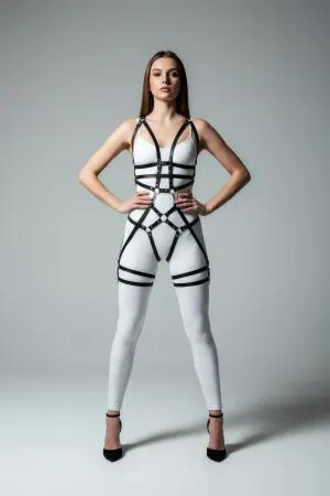 Black Faux Leather Full Body Harness Women Caged Strappy Design Silver O-Rings