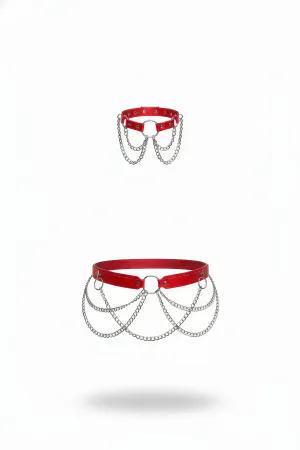 Red Faux Leather Waist Harness with Draped Chains, silver O-ring hardware