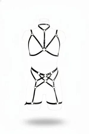 Black Faux Leather Full Body Harness Women O-Ring Details Adjustable Straps