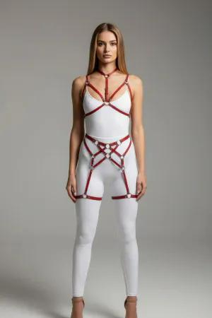 Red Faux Leather Body Harness with Silver O-Rings, Multi-Strap Design over White Bodysuit