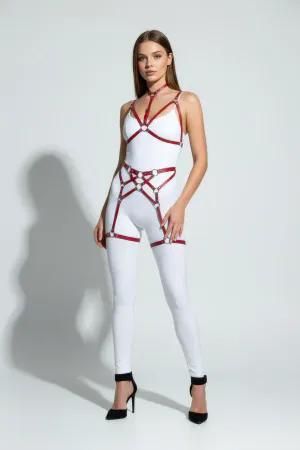 Red Faux Leather Body Harness with Silver O-Rings, Multi-Strap Design over White Bodysuit