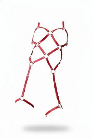 Red Faux Leather Full Body Cage Harness Women Silver O-Rings