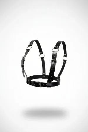 Black vegan leather adjustable chest harness with dual buckle shoulder and waist straps