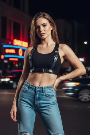 Black Faux Leather Chest Harness Women Adjustable Buckle Details
