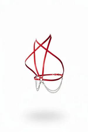 Red Faux Leather Chest Harness with criss-cross straps and silver chain detail