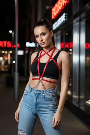 Red Vegan Leather Cross-Chest Body Harness with Draped Waist Chains and Silver Hardware