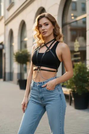 Black Faux Leather Cross Band Body Harness Women Detachable Chains