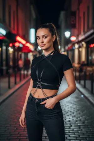 Black Faux Leather Cross Band Body Harness Women Detachable Chains
