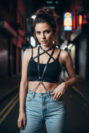 Black Faux Leather Cross Band Body Harness Women Detachable Chains