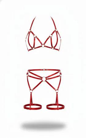 Red Faux Leather Caged Bralette and Garter Set Silver O-Rings