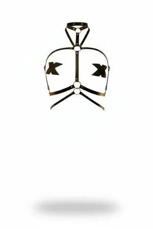 Black Faux Leather Chest Harness with X-Bust Details and Silver O-Rings