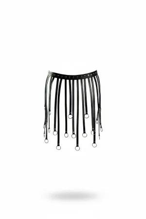 Siyah suni deri harness etek, metal halka detaylı, ayarlanabilir bel bandı
