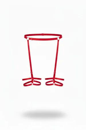 Red Adjustable Garter Harness Women Elastic Webbing Silver O-Rings Strappy Leg Bands