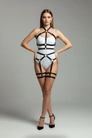 Black Vegan Leather Full Body Harness with O-Rings Adjustable Straps