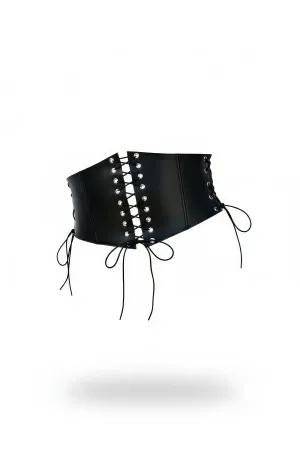 Black Faux Leather Lace-Up Waspie Corset Belt with Silver Grommets