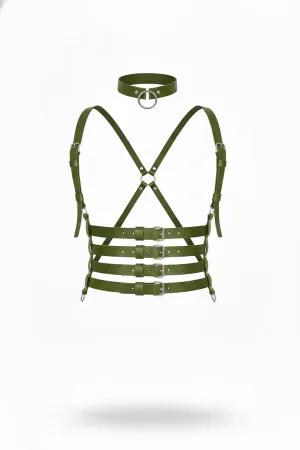 Khaki Vegan Leather Multi-Buckle Chest Body Harness with Choker and Silver Hardware