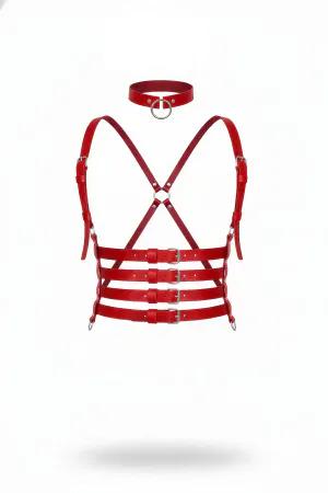 Red Faux Leather Caged Chest Harness Set with O-Ring Choker