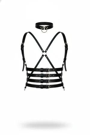 Black Faux Leather Multi-Strap Chest Harness with O-Ring Choker Set