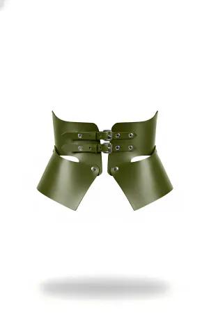 Olive Green Sculptural Faux Leather Waist Harness with Flared Panels