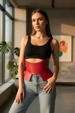 Red Faux Leather Peplum Waist Cincher Corset Belt Structured Fashion