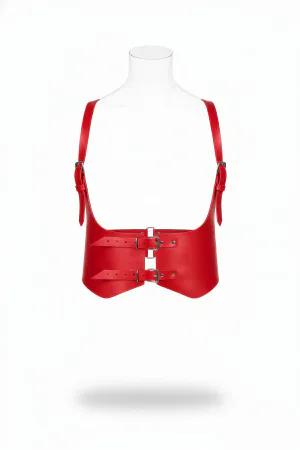 Red Faux Leather Waist Shaping Harness Shoulder Straps Front View
