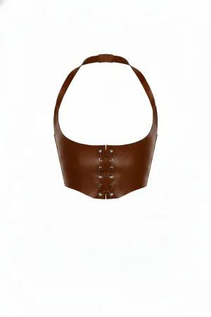 Brown Faux Leather Halter Neck Corset Top Lace-Up Detail