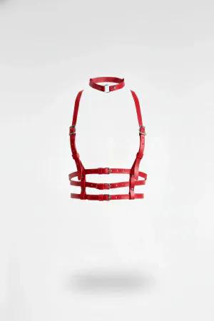 Red Faux Leather Multi-Strap Body Harness with Choker Silver O-Ring