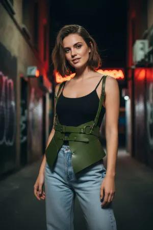 Olive Green Faux Leather Structured Waist Harness Women Adjustable Straps